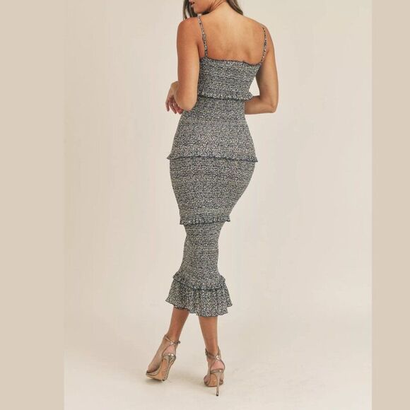 Mable Smocked Long Ruffle Sleeveless Dress Blue Floral Midi Size S - Picture 2 of 6